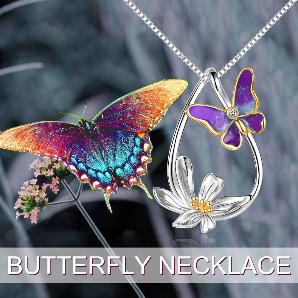 Sterling Silver Butterfly & Daisy Teardrop Pendant Necklace For Women-6