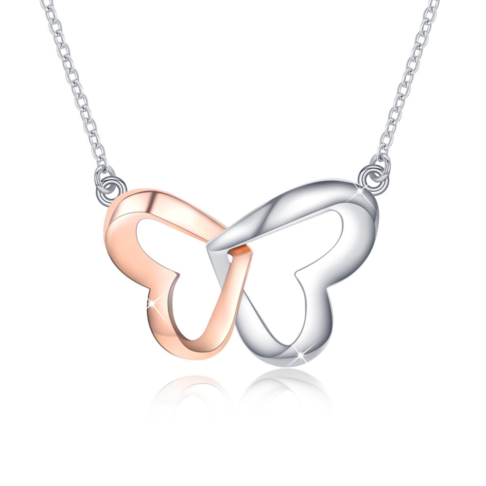 Sterling Silver Two-tone Butterfly & Heart Pendant Necklace-1