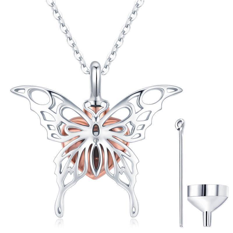 Collier d'urne pour cendres en argent sterling avec pendentif papillon et cœur bicolore-1