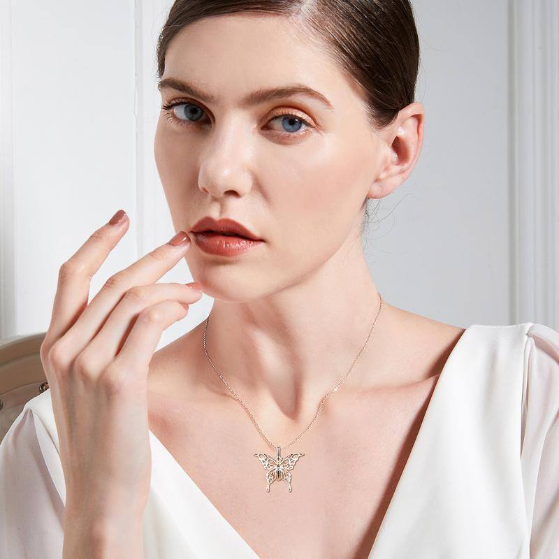 قلادة جرة رماد من الفضة الإسترلينية بلونين على شكل فراشة وقلب-2