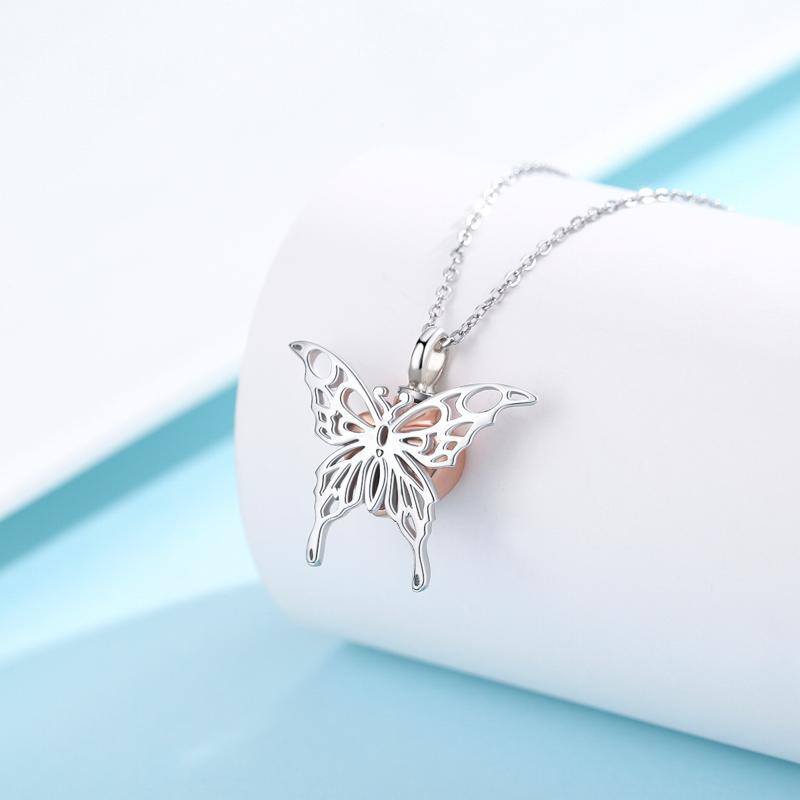 قلادة جرة رماد من الفضة الإسترلينية بلونين على شكل فراشة وقلب-3