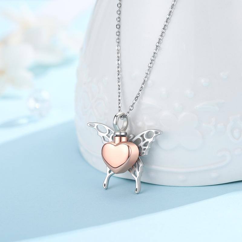 Sterling Silver Two-tone Butterfly & Heart Pendant Urn Necklace for Ashes-4