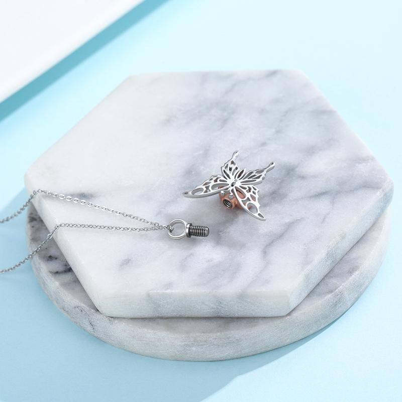 قلادة جرة رماد من الفضة الإسترلينية بلونين على شكل فراشة وقلب-5