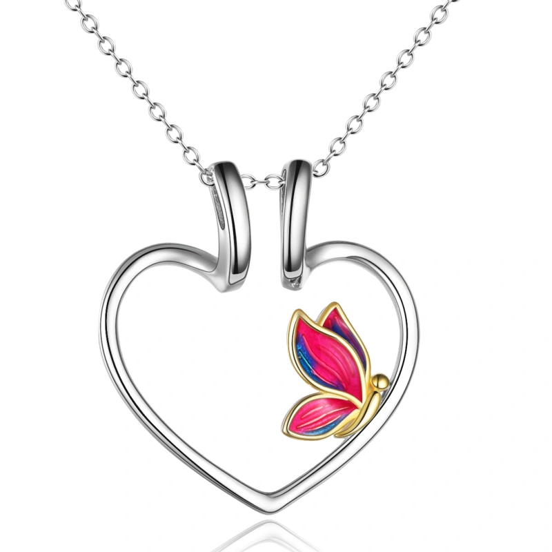 Collana porta anello a forma di cuore a farfalla bicolore in argento sterling per donna-1