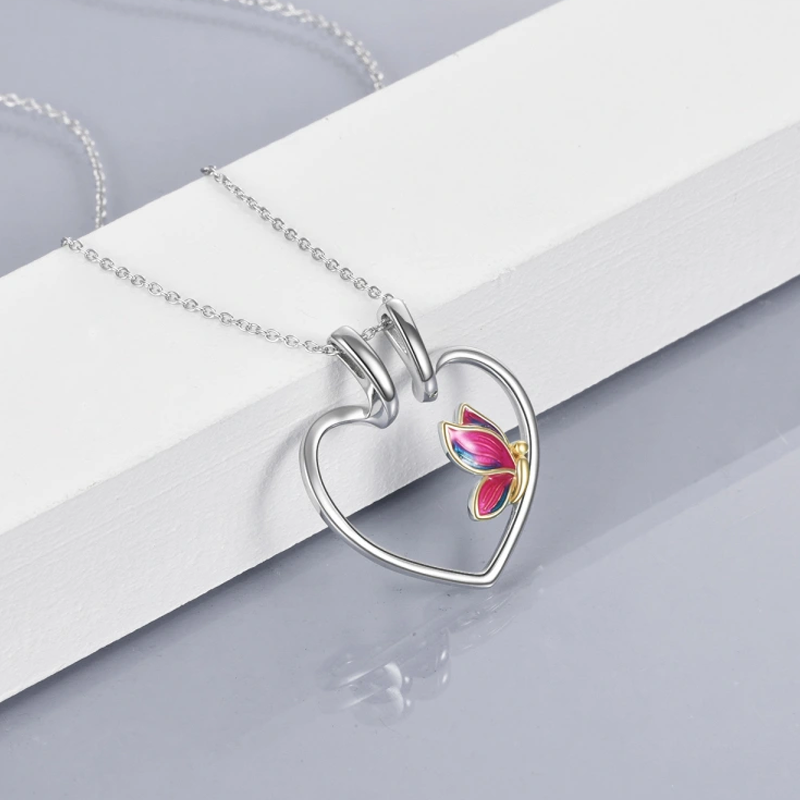 Collana porta anello a forma di cuore a farfalla bicolore in argento sterling per donna-2