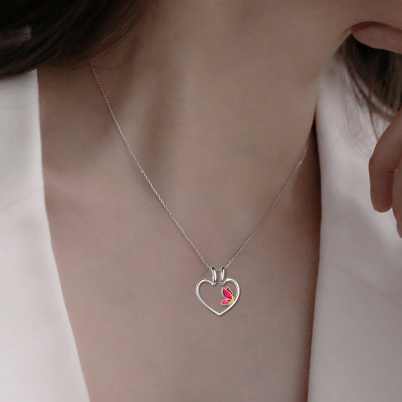 Collana porta anello a forma di cuore a farfalla bicolore in argento sterling per donna-3