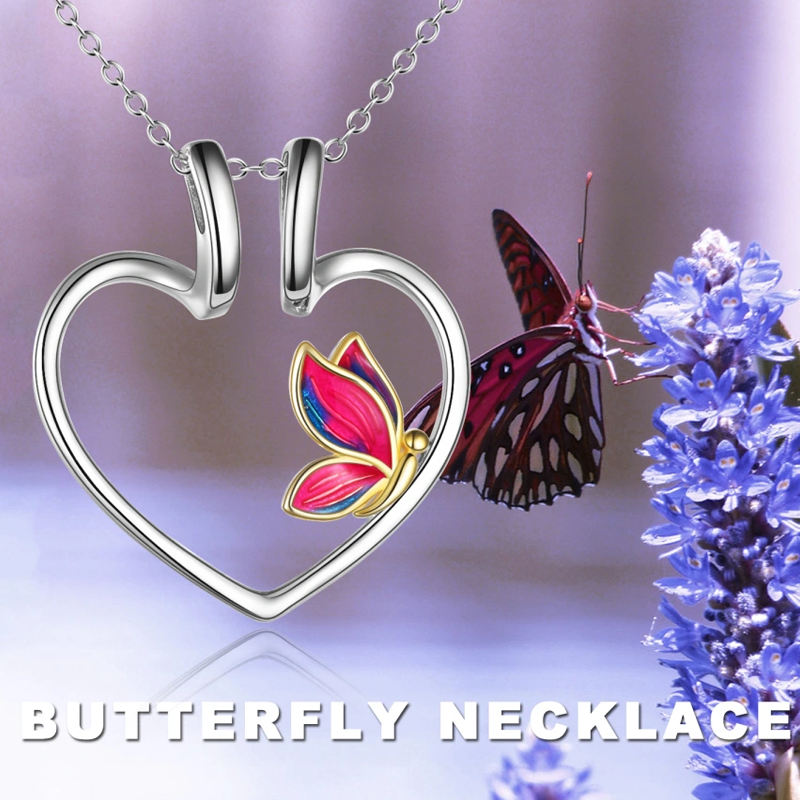 Sterling Silver Two-tone Butterfly & Heart Ring Holder Necklace for Women-5