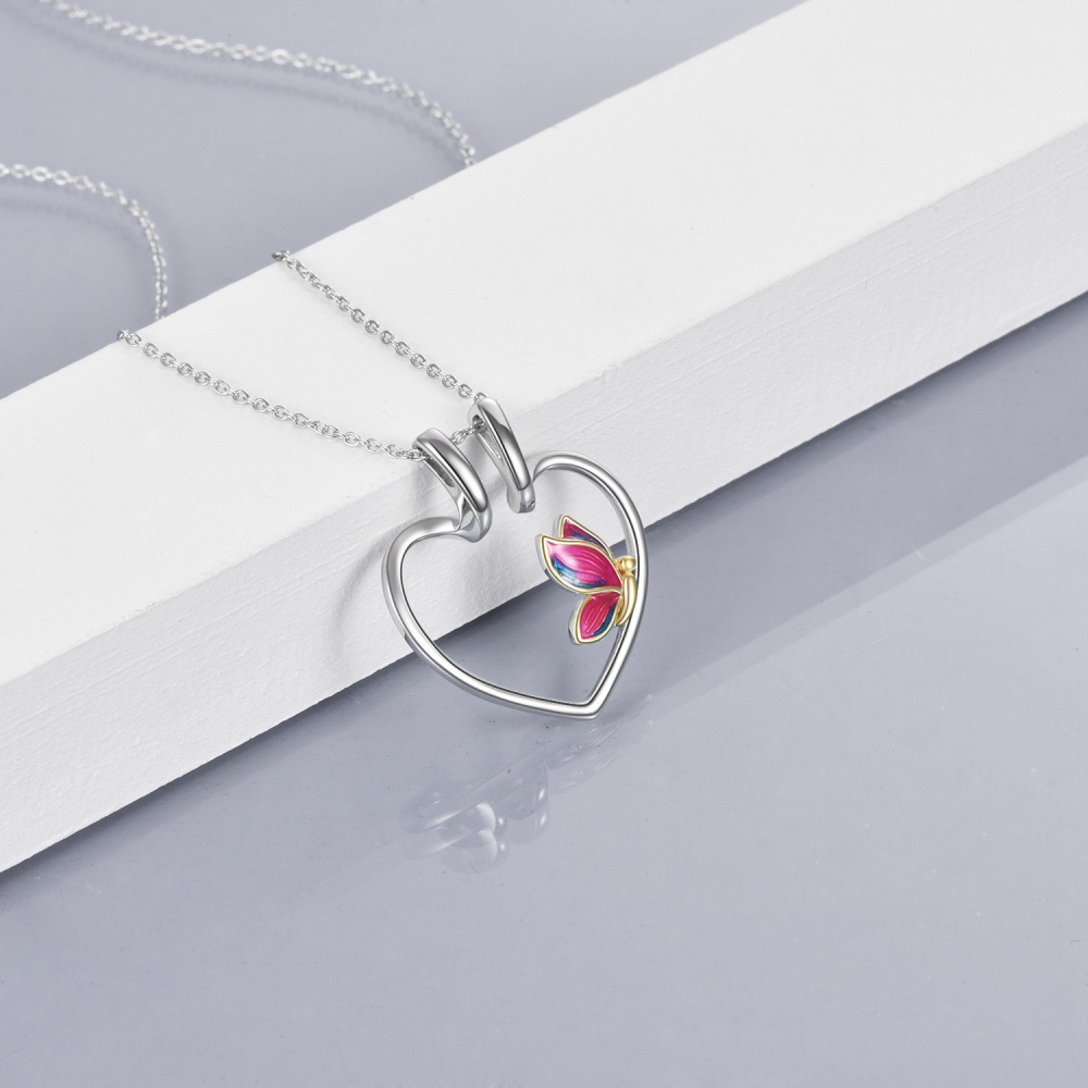 Sterling Silver Two-tone Butterfly & Heart Ring Holder Necklace for Women-3