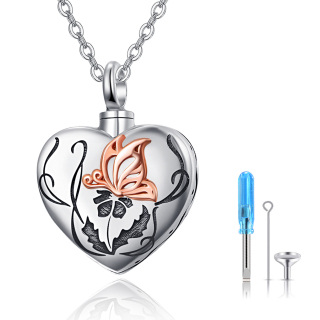 Sterling Silver Two-tone Butterfly Heart Urn Necklace-46