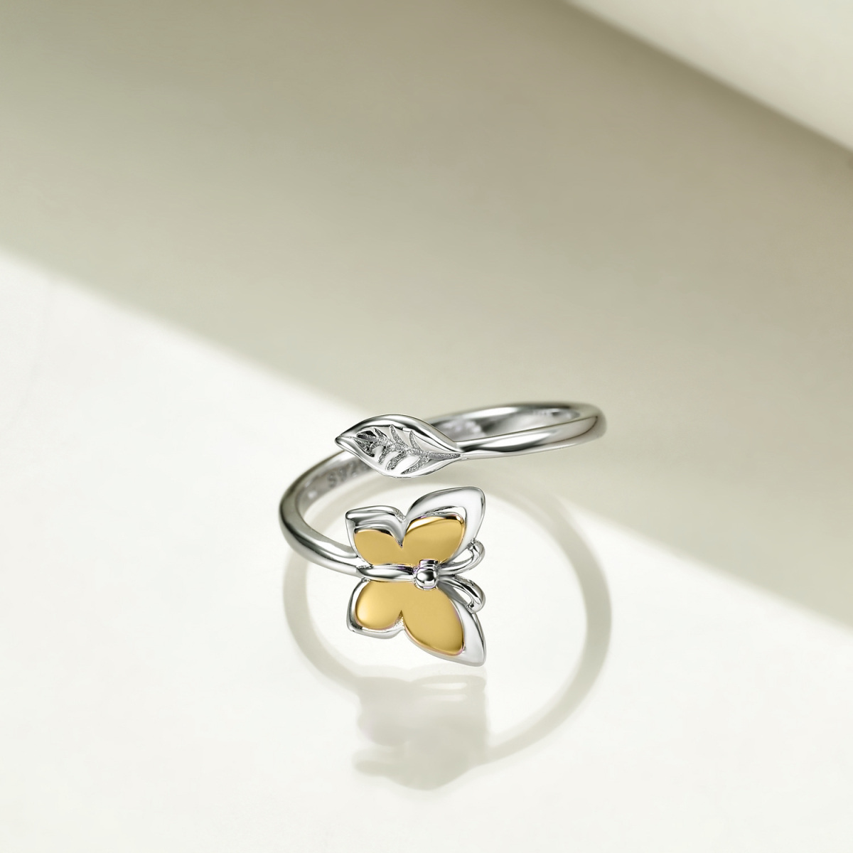 Sterling Silver Two-tone Butterfly Open Ring-3