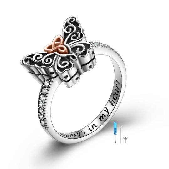 Sterling Silver Two-tone Cubic Zirconia Butterfly Ring with Engraved Word