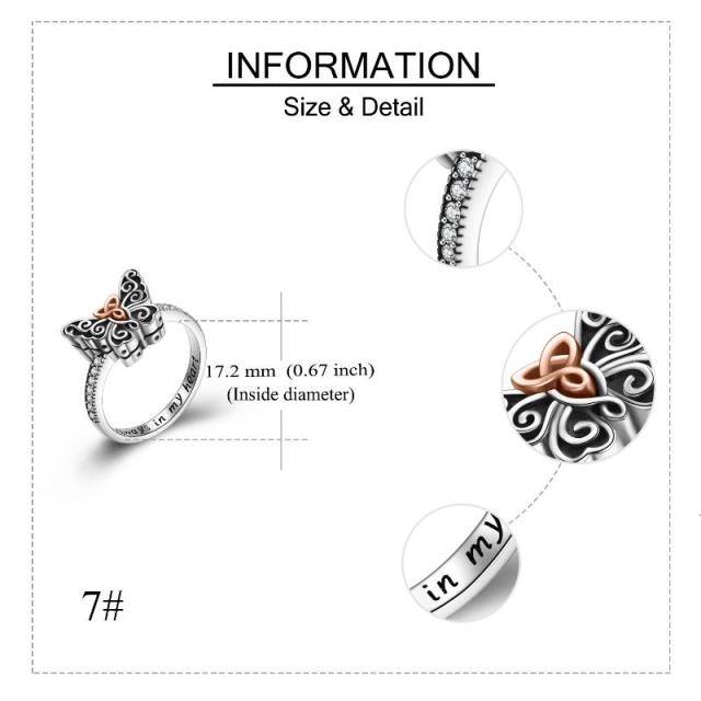 Sterling Silver Two-tone Cubic Zirconia Butterfly Ring with Engraved Word-5