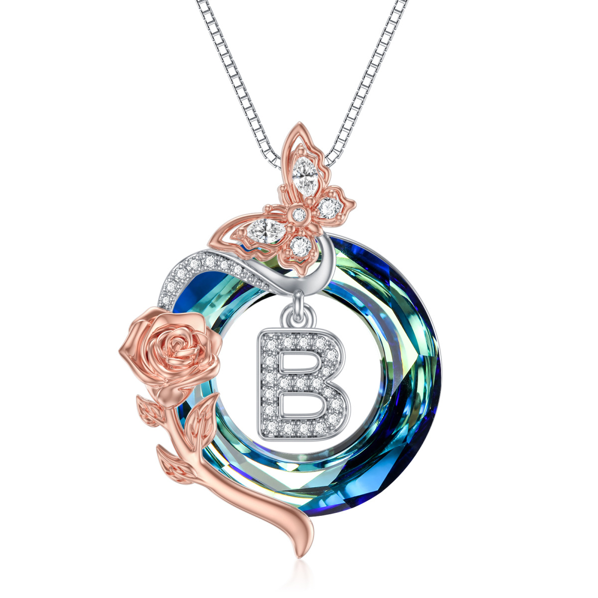 Sterling Silver Two-tone Butterfly Rose Crystal Pendant Necklace with Initial Letter B-1