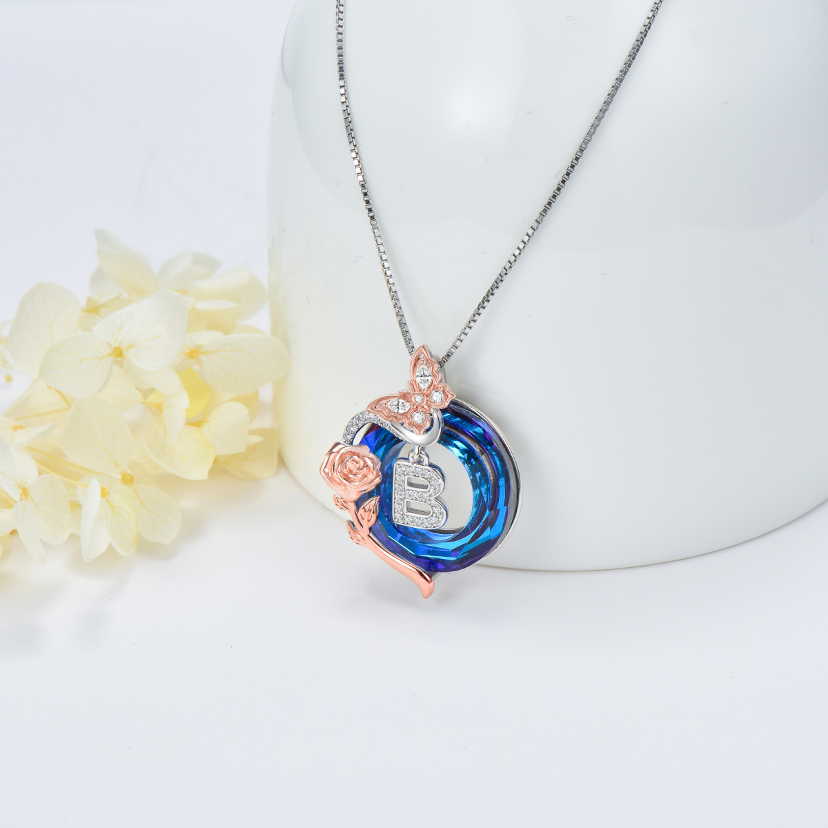 Sterling Silver Two-tone Butterfly Rose Crystal Pendant Necklace with Initial Letter B-4