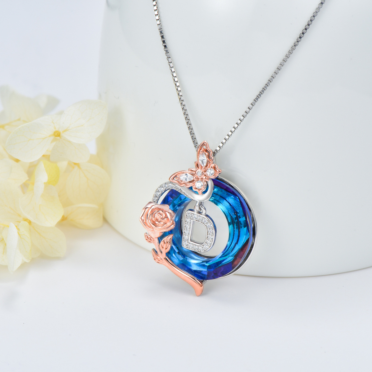 Sterling Silver Two-tone Butterfly Rose Crystal Pendant Necklace with Initial Letter D-4