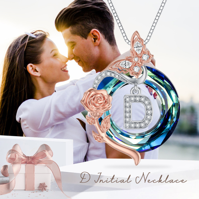 Sterling zilveren tweekleurige vlinder-kristal hanger ketting met initiaal letter D-6