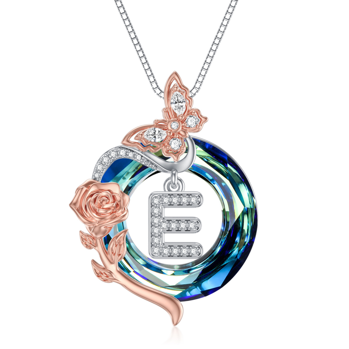 Sterling Silver Two-tone Butterfly Rose Crystal Pendant Necklace with Initial Letter E-1