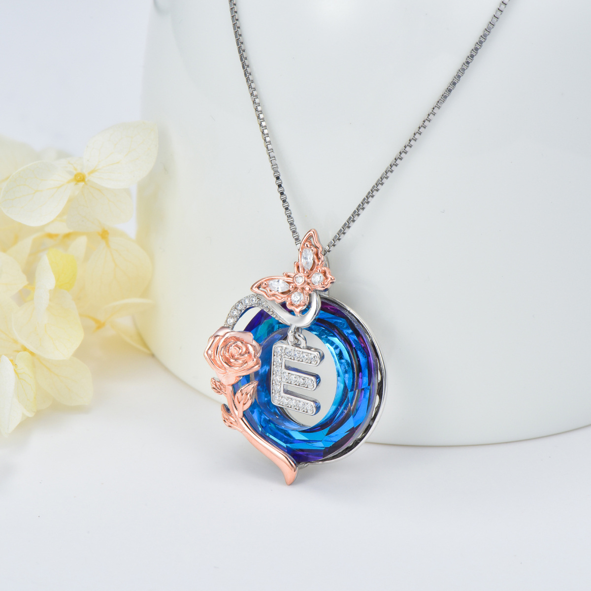 Sterling Silver Two-tone Butterfly Rose Crystal Pendant Necklace with Initial Letter E-4