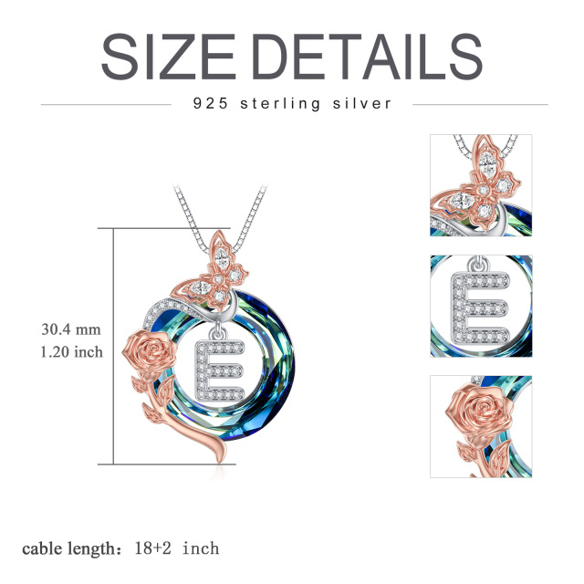 Sterling zilveren tweekleurige vlinder-kristal hanger ketting met initiaal letter E-5