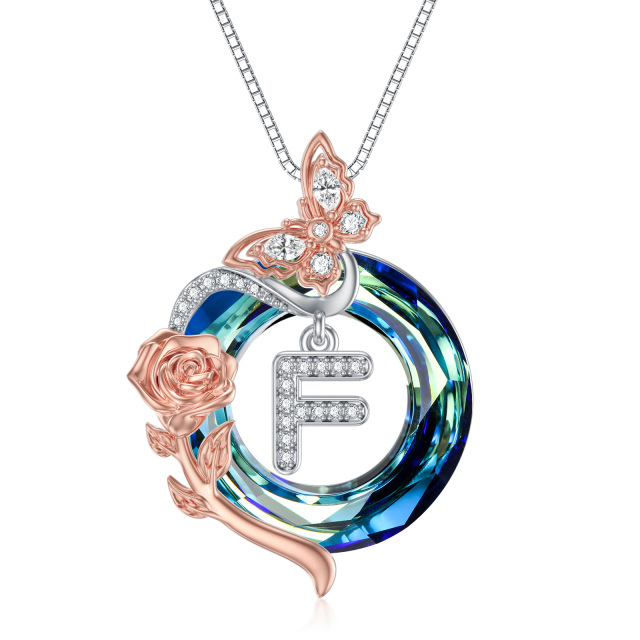 Sterling Silver Two-tone Butterfly Rose Crystal Pendant Necklace with Initial Letter F-1