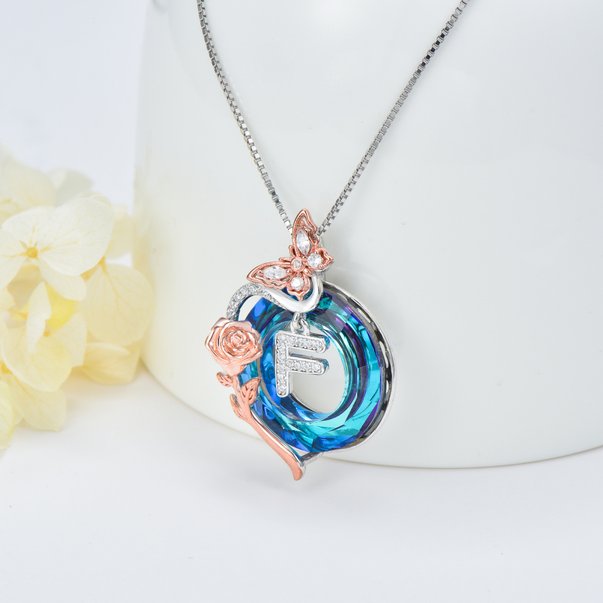 Sterling Silver Two-tone Butterfly Rose Crystal Pendant Necklace with Initial Letter F-4