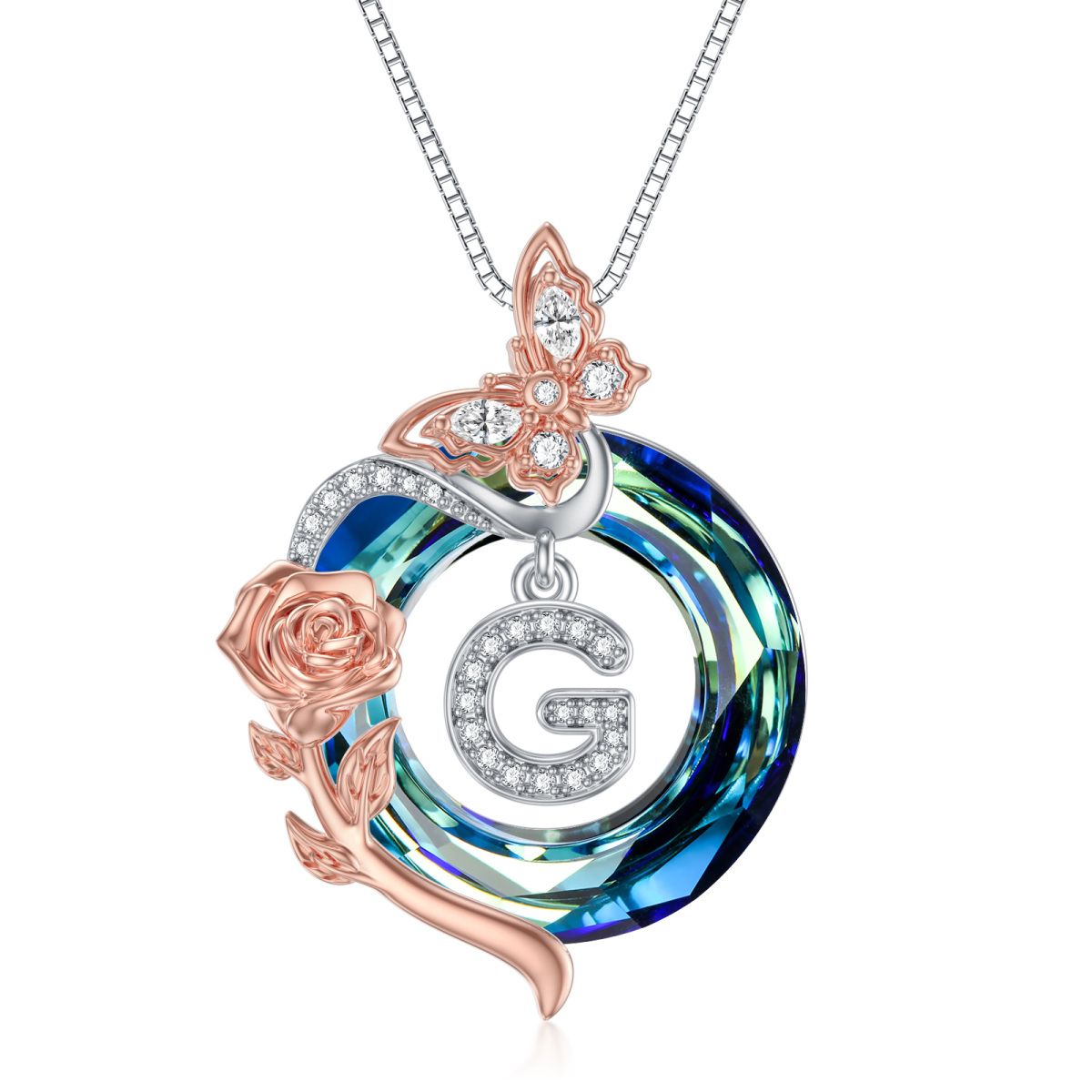 Sterling Silver Two-tone Butterfly Rose Crystal Pendant Necklace with Initial Letter G-1