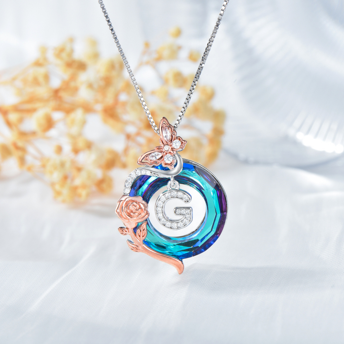 Sterling Silver Two-tone Butterfly Rose Crystal Pendant Necklace with Initial Letter G-3