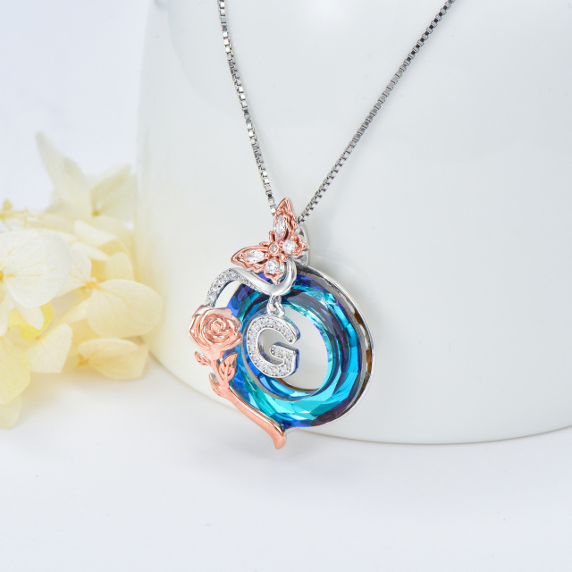 Sterling Silver Two-tone Butterfly Rose Crystal Pendant Necklace with Initial Letter G-4