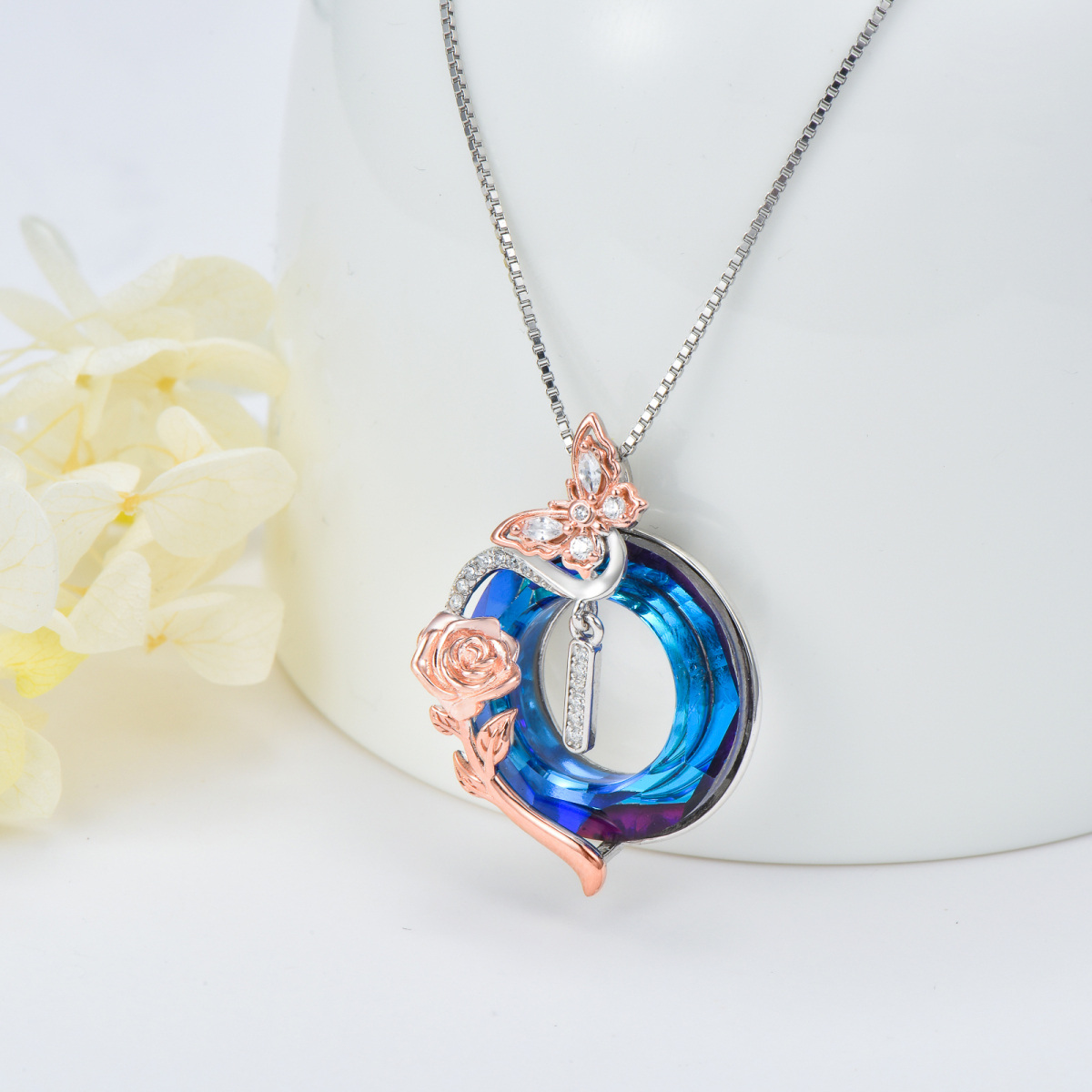 Sterling Silver Two-tone Butterfly Rose Crystal Pendant Necklace with Initial Letter I-4