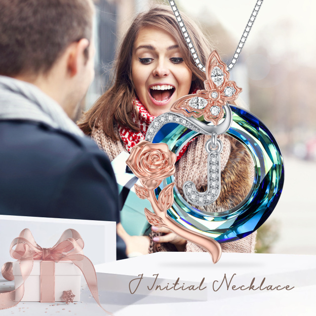 Sterling zilveren tweekleurige vlinder-kristal hanger ketting met initiaal letter J-6