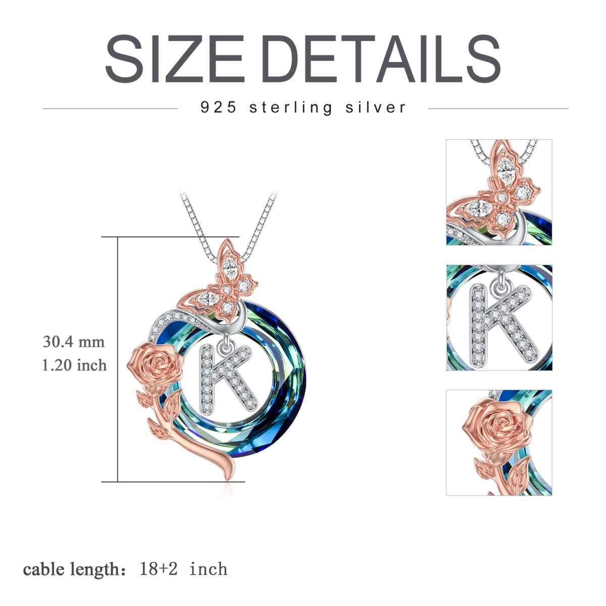 Sterling zilveren tweekleurige vlinder-kristal hanger ketting met initiaal letter K-5