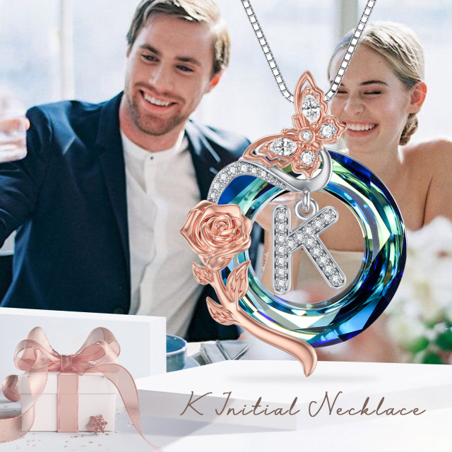 Sterling zilveren tweekleurige vlinder-kristal hanger ketting met initiaal letter K-6