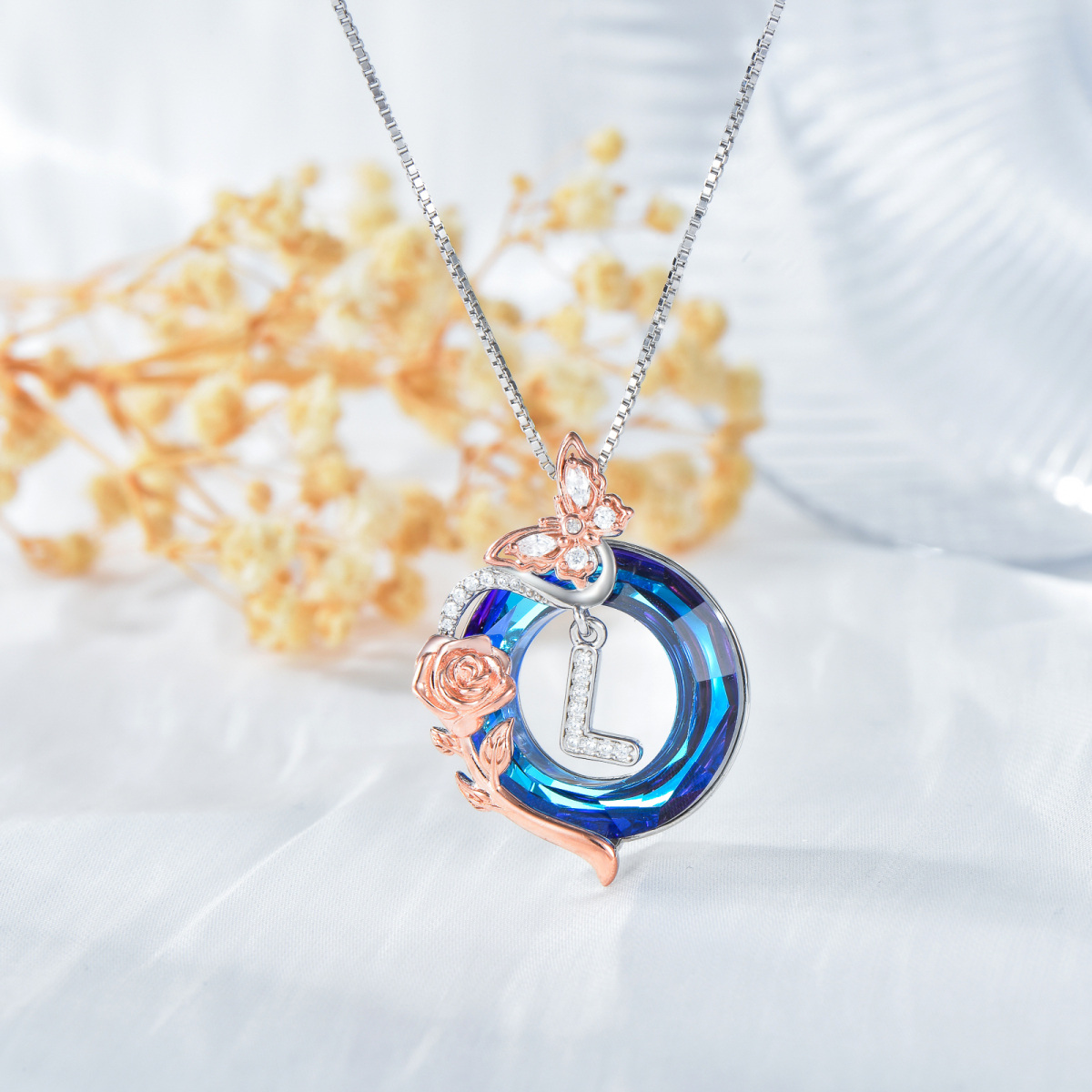 Sterling Silver Two-tone Butterfly Rose Crystal Pendant Necklace with Initial Letter L-3