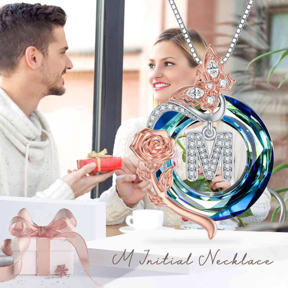 Sterling zilveren tweekleurige vlinder-kristal hanger ketting met initiaal letter M-6