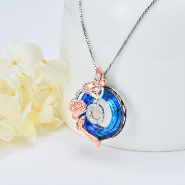 Sterling Silver Two-tone Butterfly Rose Crystal Pendant Necklace with Initial Letter O-4