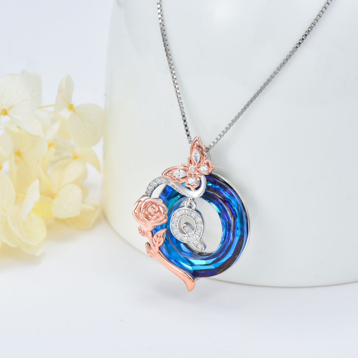 Sterling Silver Two-tone Butterfly Rose Crystal Pendant Necklace with Initial Letter Q-4