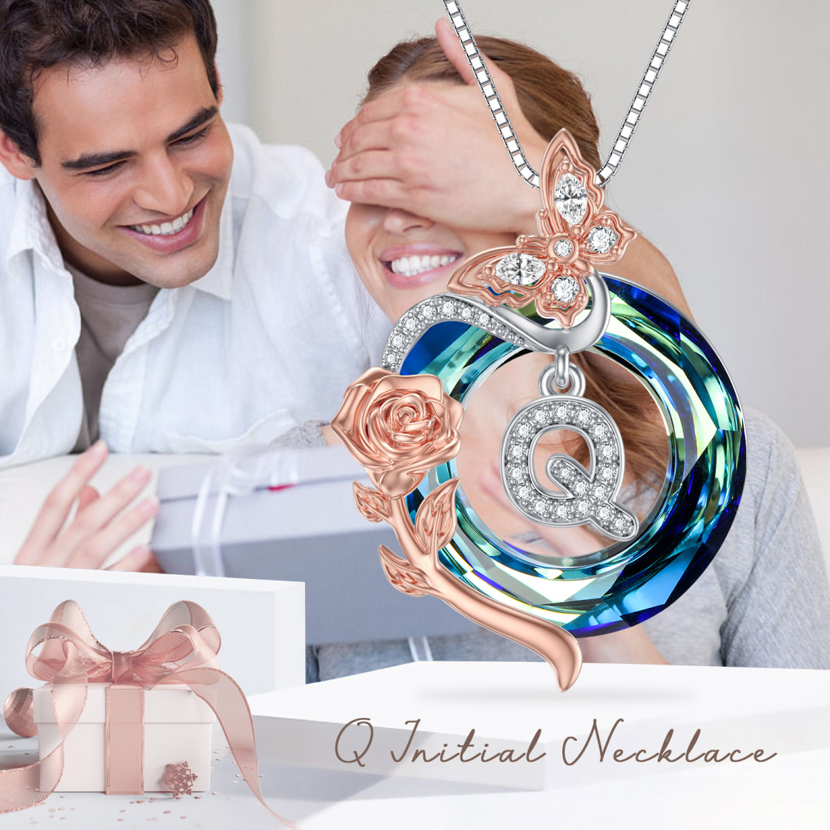 Sterling zilveren tweekleurige vlinder-kristal hanger ketting met initiaal letter Q-6