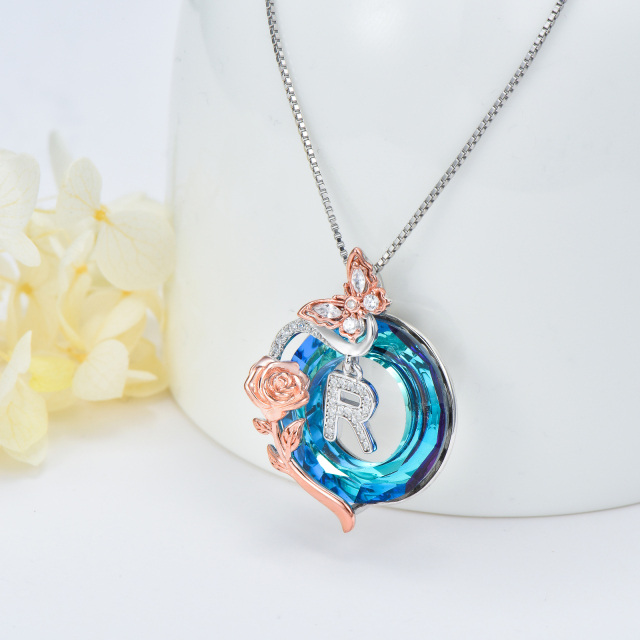 Colar de prata esterlina com pingente de cristal Butterfly Rose em dois tons e letra inici-4