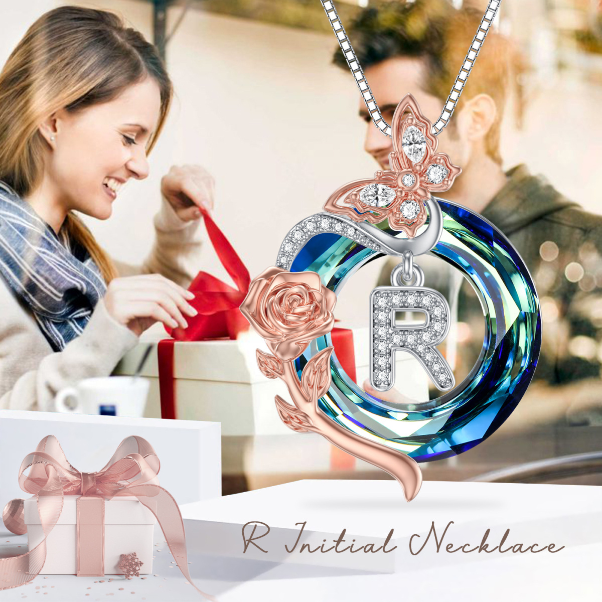 Sterling zilveren tweekleurige vlinder-kristal hanger ketting met initiaal letter R-6