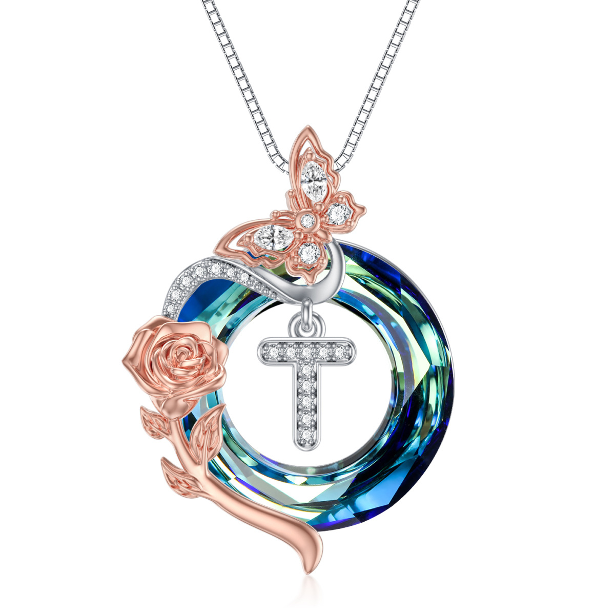 Sterling Silver Two-tone Butterfly Rose Crystal Pendant Necklace with Initial Letter T-1