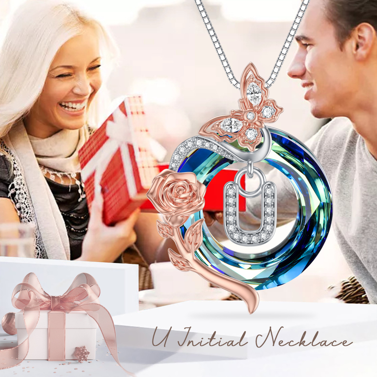 Sterling zilveren tweekleurige vlinder-kristal hanger ketting met initiaal letter U-6