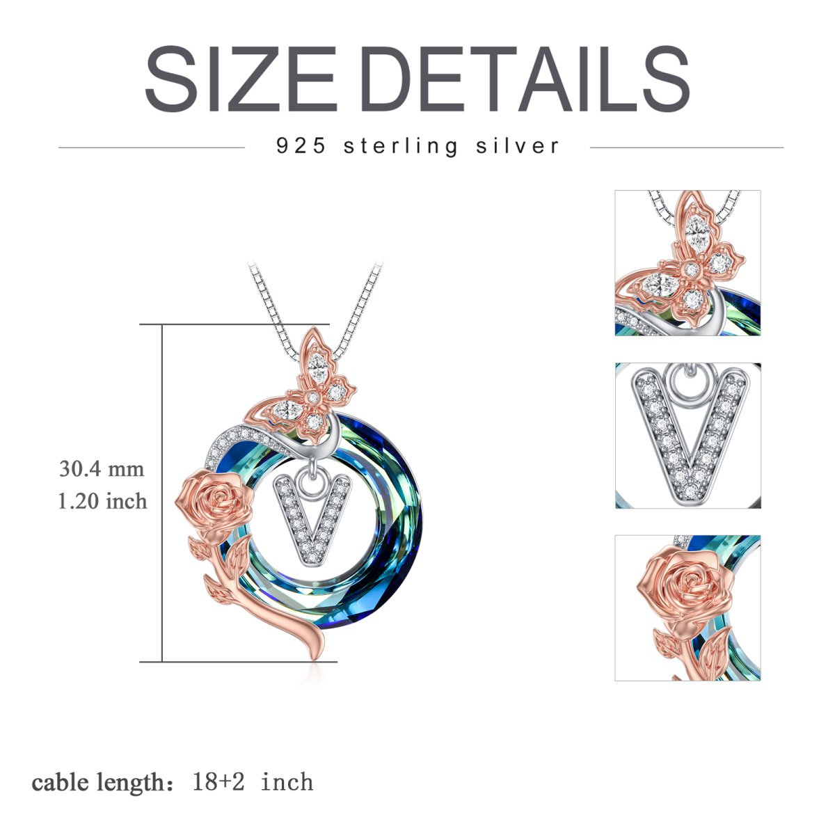 Sterling zilveren tweekleurige vlinder-kristal hanger ketting met initiaal letter V-5