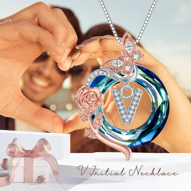 Sterling zilveren tweekleurige vlinder-kristal hanger ketting met initiaal letter V-6