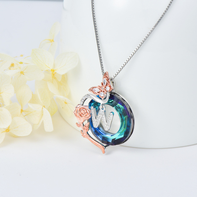 Sterling Silver Two-tone Butterfly Rose Crystal Pendant Necklace with Initial Letter W-4