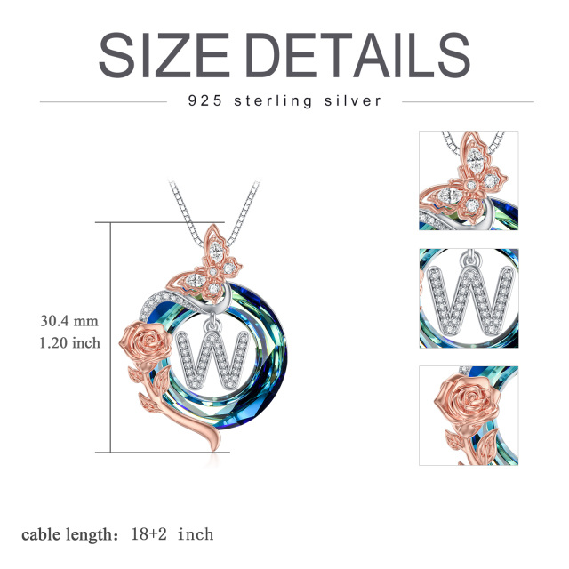 Sterling zilveren tweekleurige vlinder-kristal hanger ketting met initiaal letter W-5