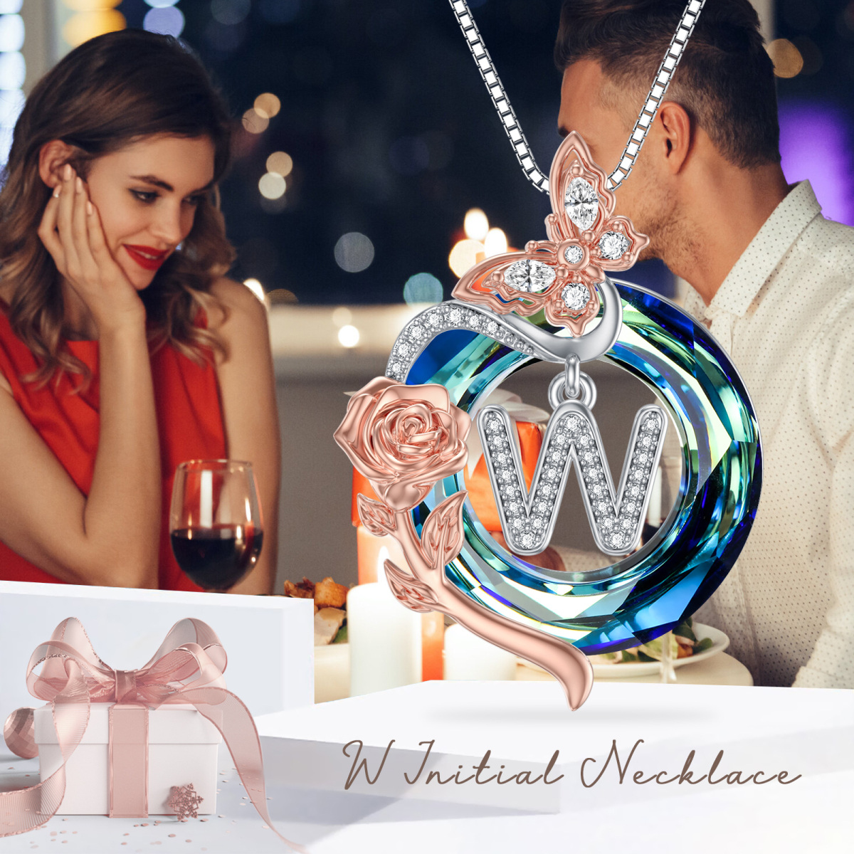 Sterling zilveren tweekleurige vlinder-kristal hanger ketting met initiaal letter W-6