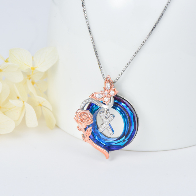 Sterling Silver Two-tone Butterfly Rose Crystal Pendant Necklace with Initial Letter X-4