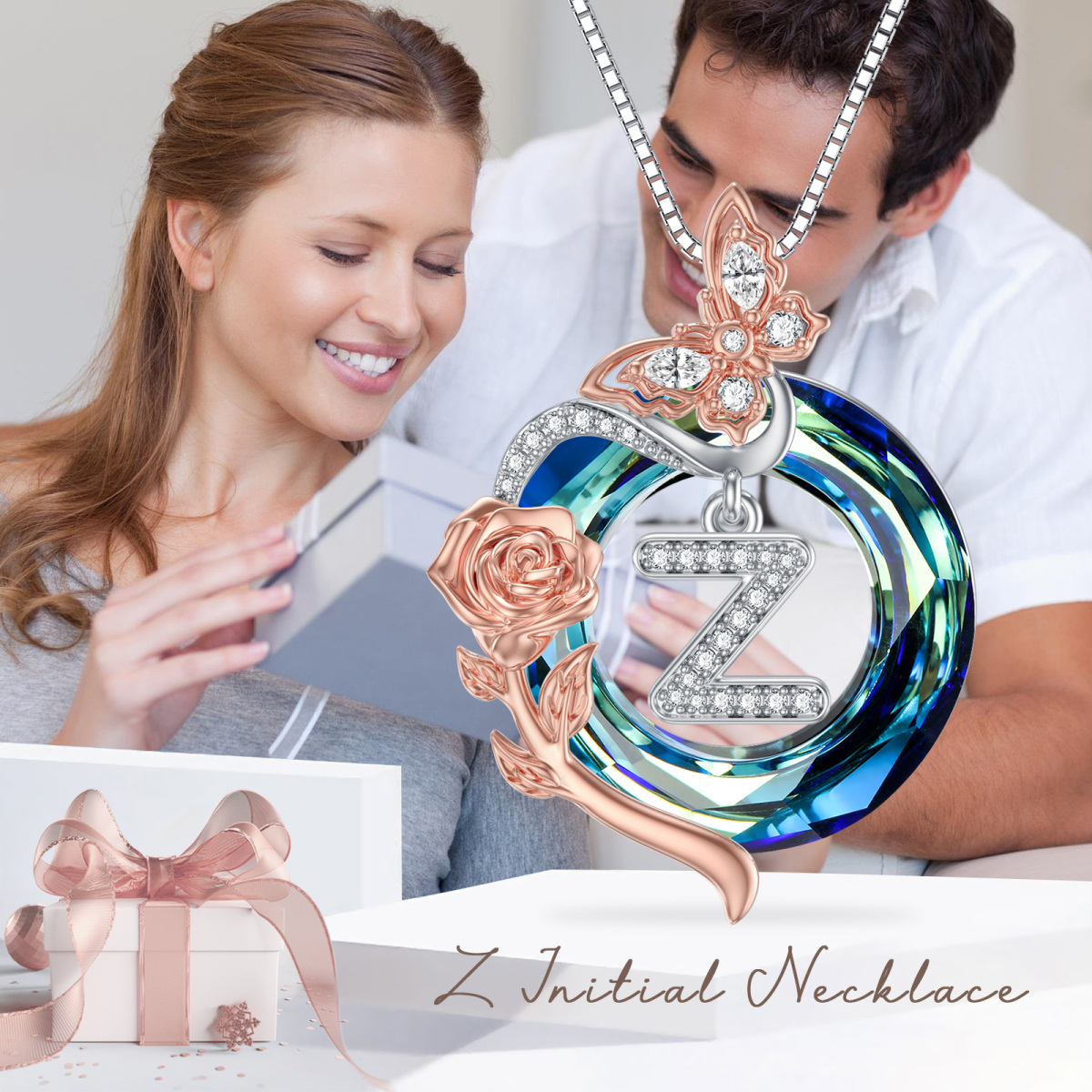 Sterling zilveren tweekleurige vlinder-kristal hanger ketting met initiaal letter Z-5