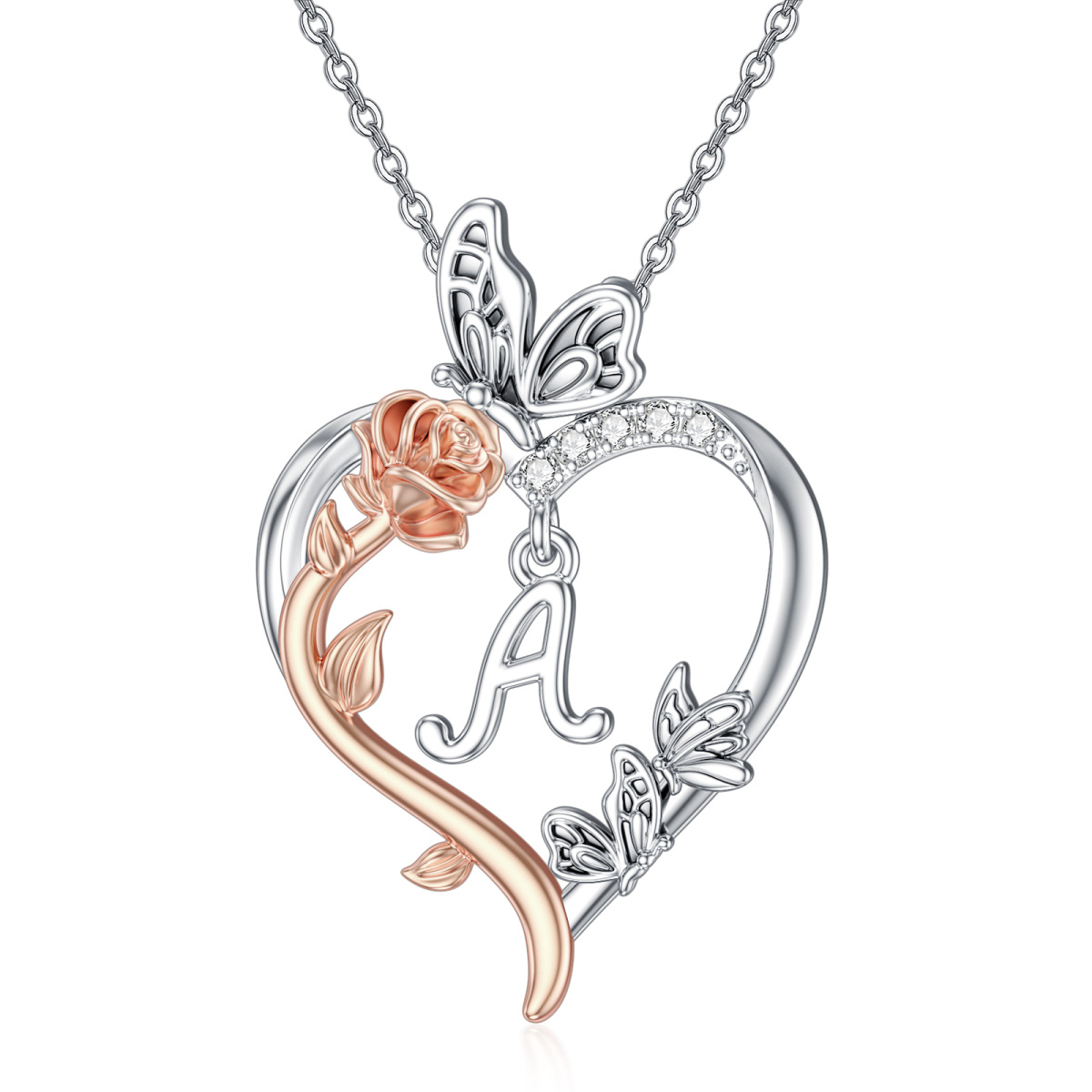 Collar con colgante de corazón de rosa y mariposa de dos tonos de plata de ley con letra inicial A-1