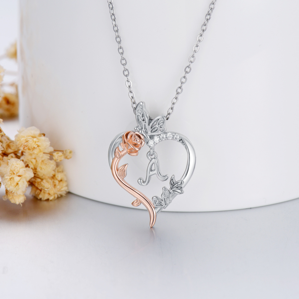 Sterling Silver Two-tone Butterfly Rose Heart Pendant Necklace with Initial Letter A-3